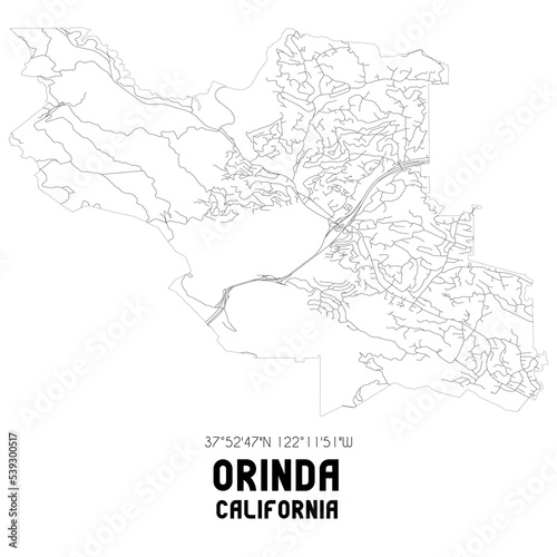 Orinda California. US street map with black and white lines.