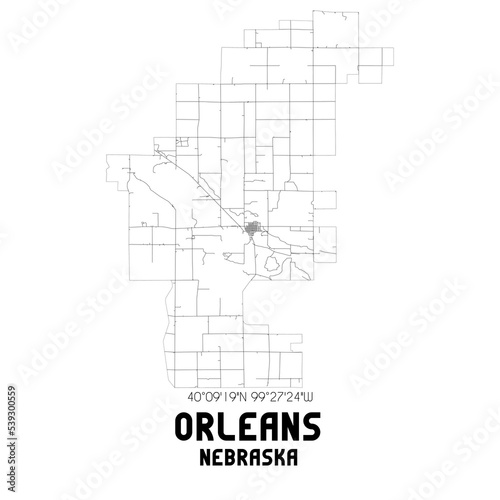 Orleans Nebraska. US street map with black and white lines.