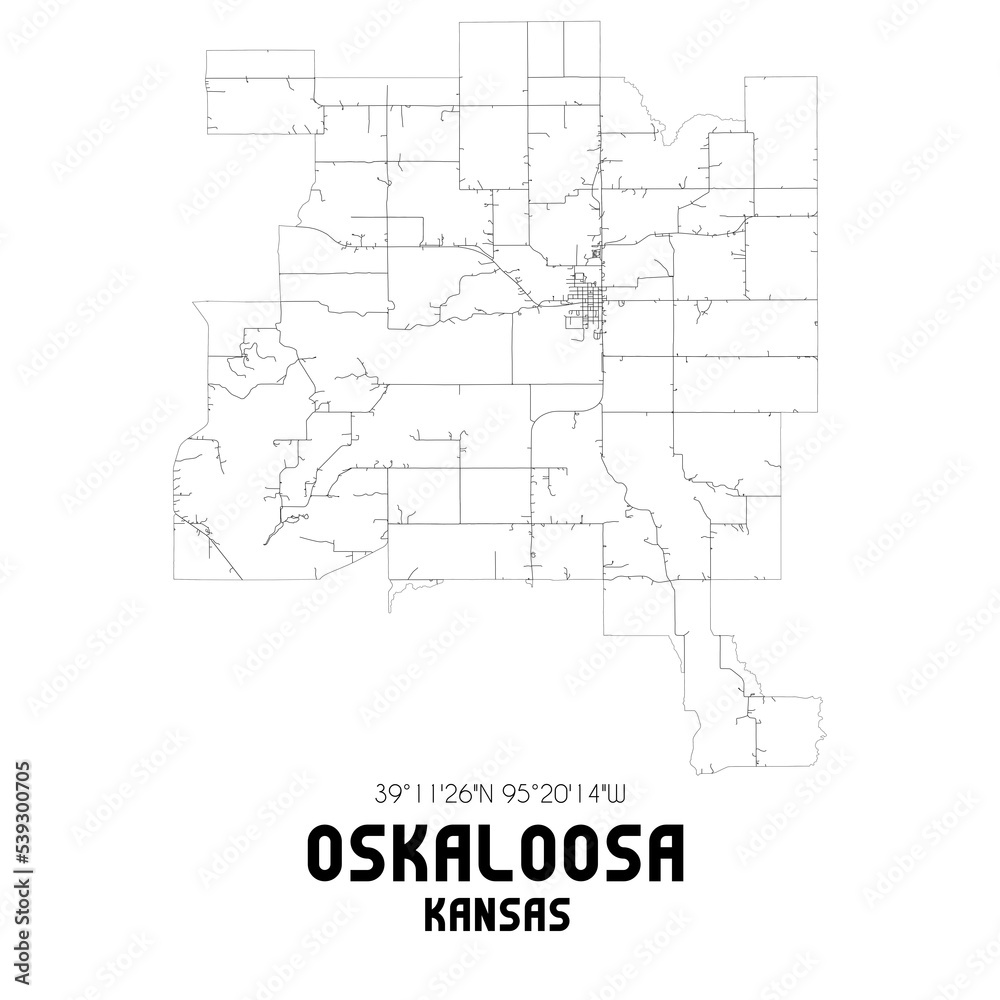Oskaloosa Kansas. US street map with black and white lines.