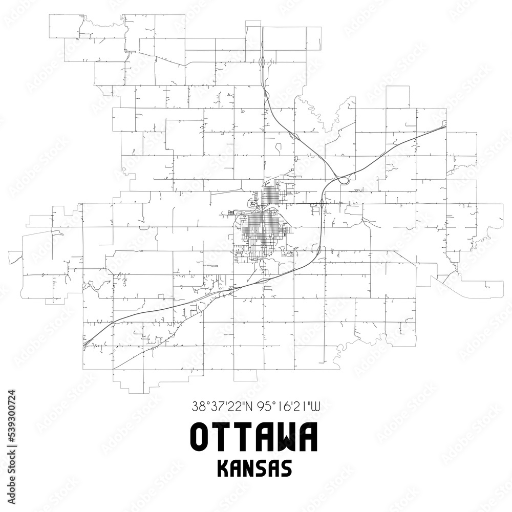 Ottawa Kansas. US street map with black and white lines.