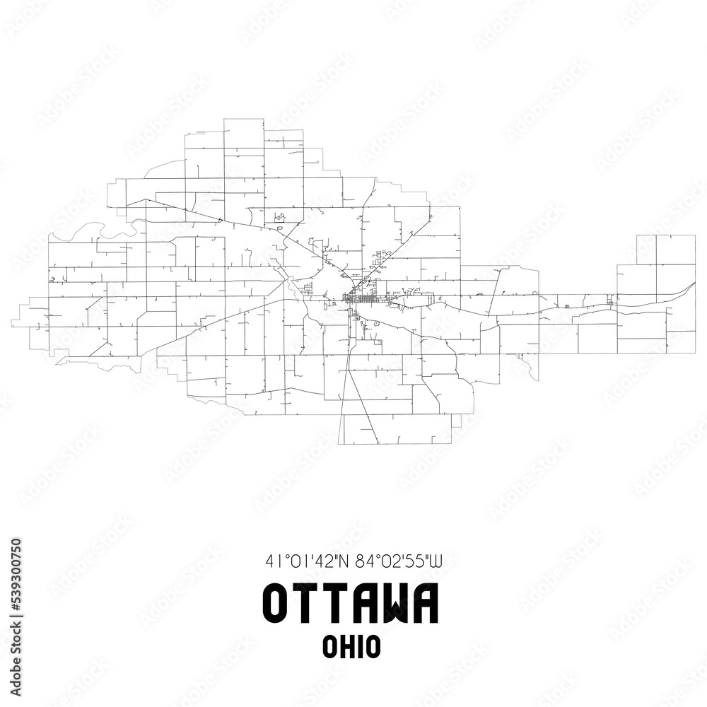 Ottawa Ohio. US street map with black and white lines.