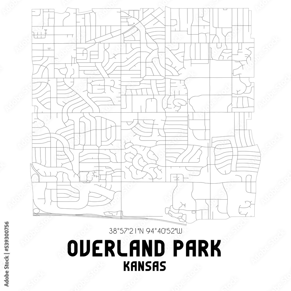 Overland Park Kansas. US street map with black and white lines.