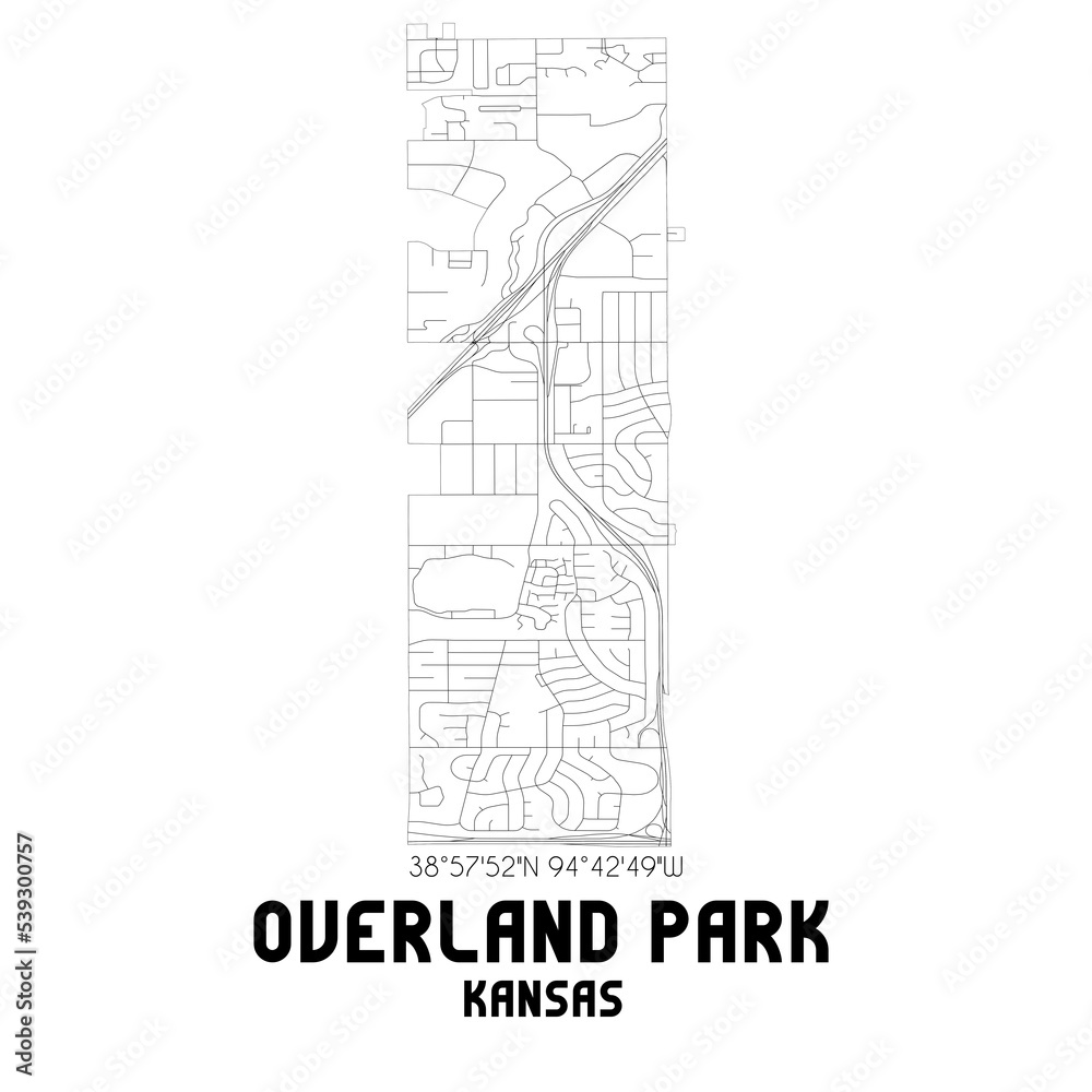 Overland Park Kansas. US street map with black and white lines. Stock