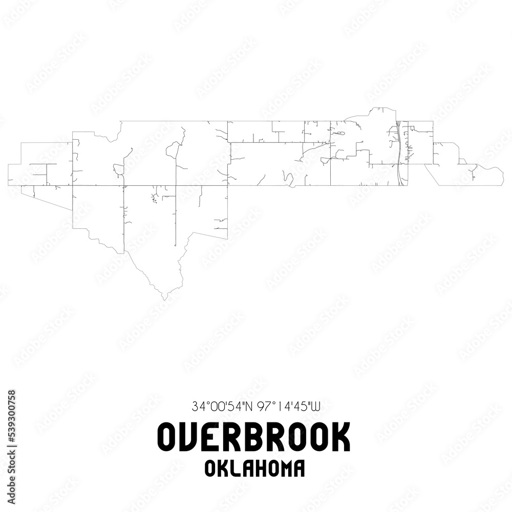 Overbrook Oklahoma. US street map with black and white lines.