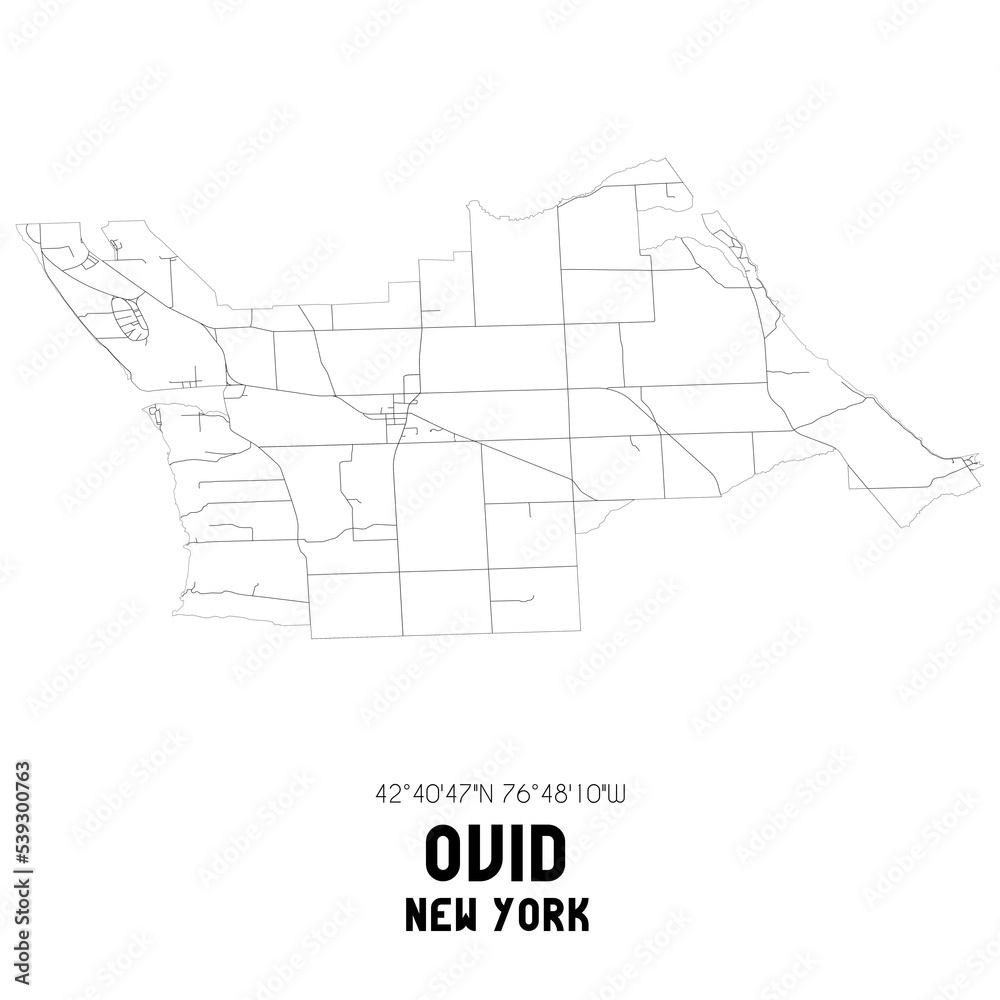 Ovid New York. US street map with black and white lines.