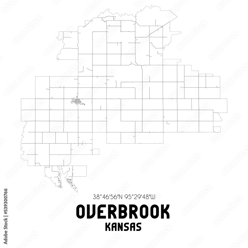 Overbrook Kansas. US street map with black and white lines.