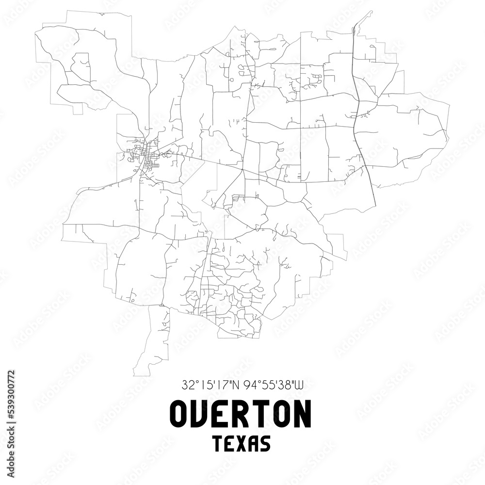 Overton Texas. US street map with black and white lines.