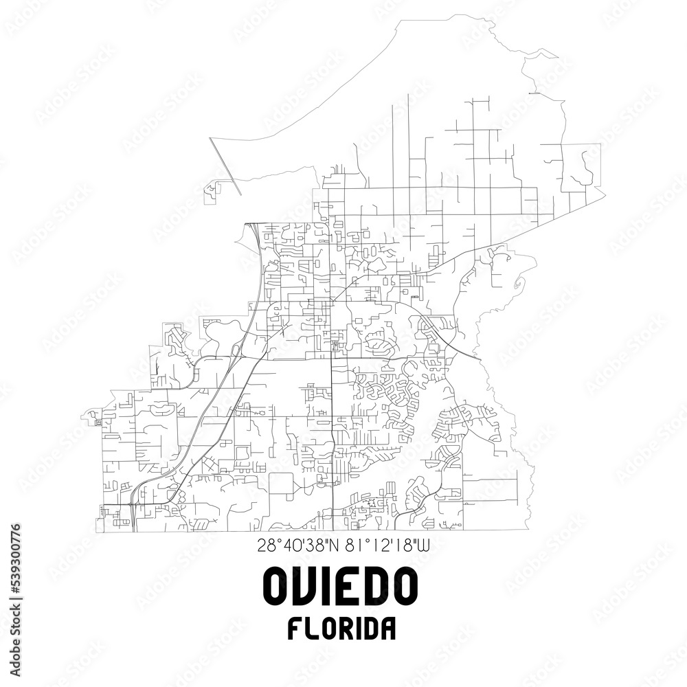 Oviedo Florida. US street map with black and white lines.