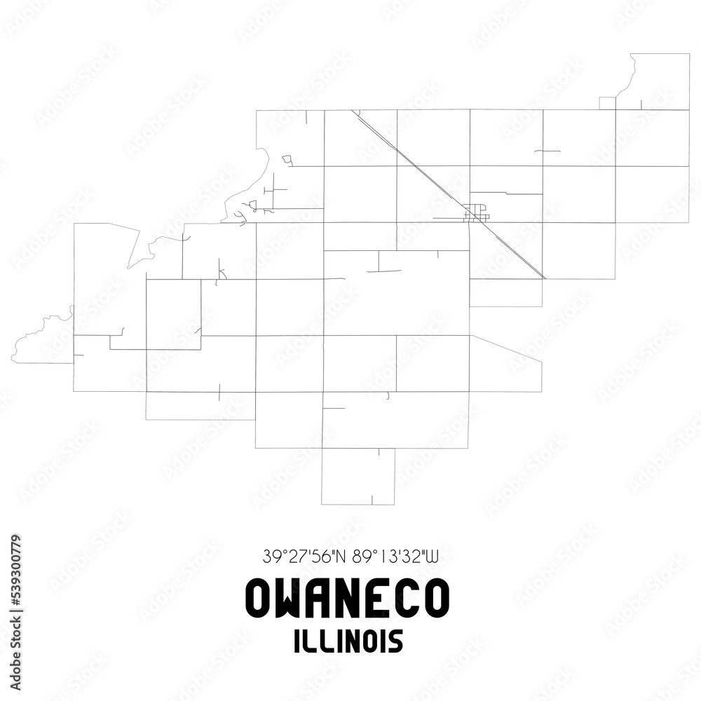 Owaneco Illinois. US street map with black and white lines.