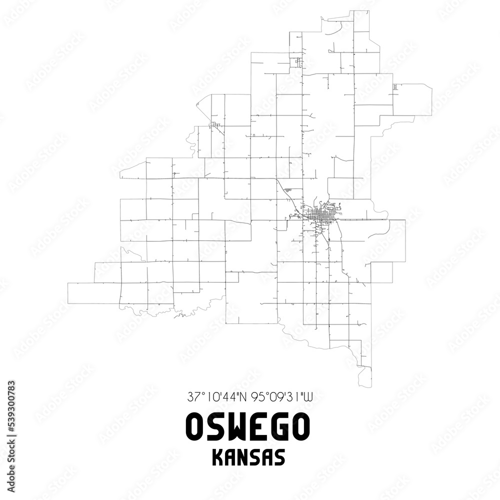 Oswego Kansas. US street map with black and white lines.