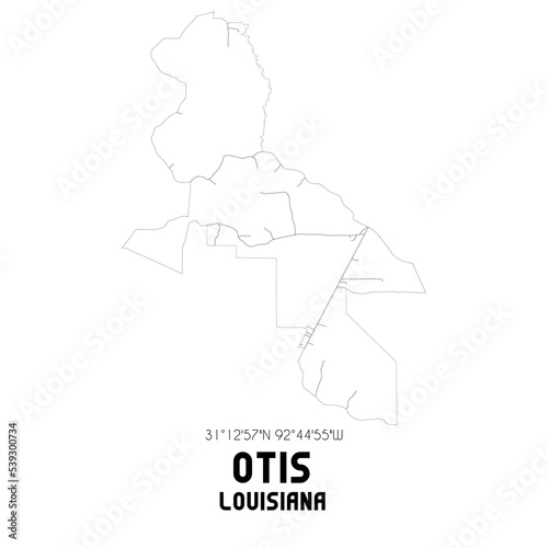 Otis Louisiana. US street map with black and white lines.