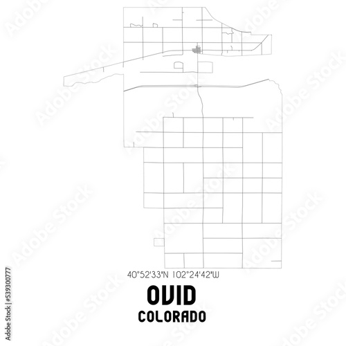 Ovid Colorado. US street map with black and white lines.