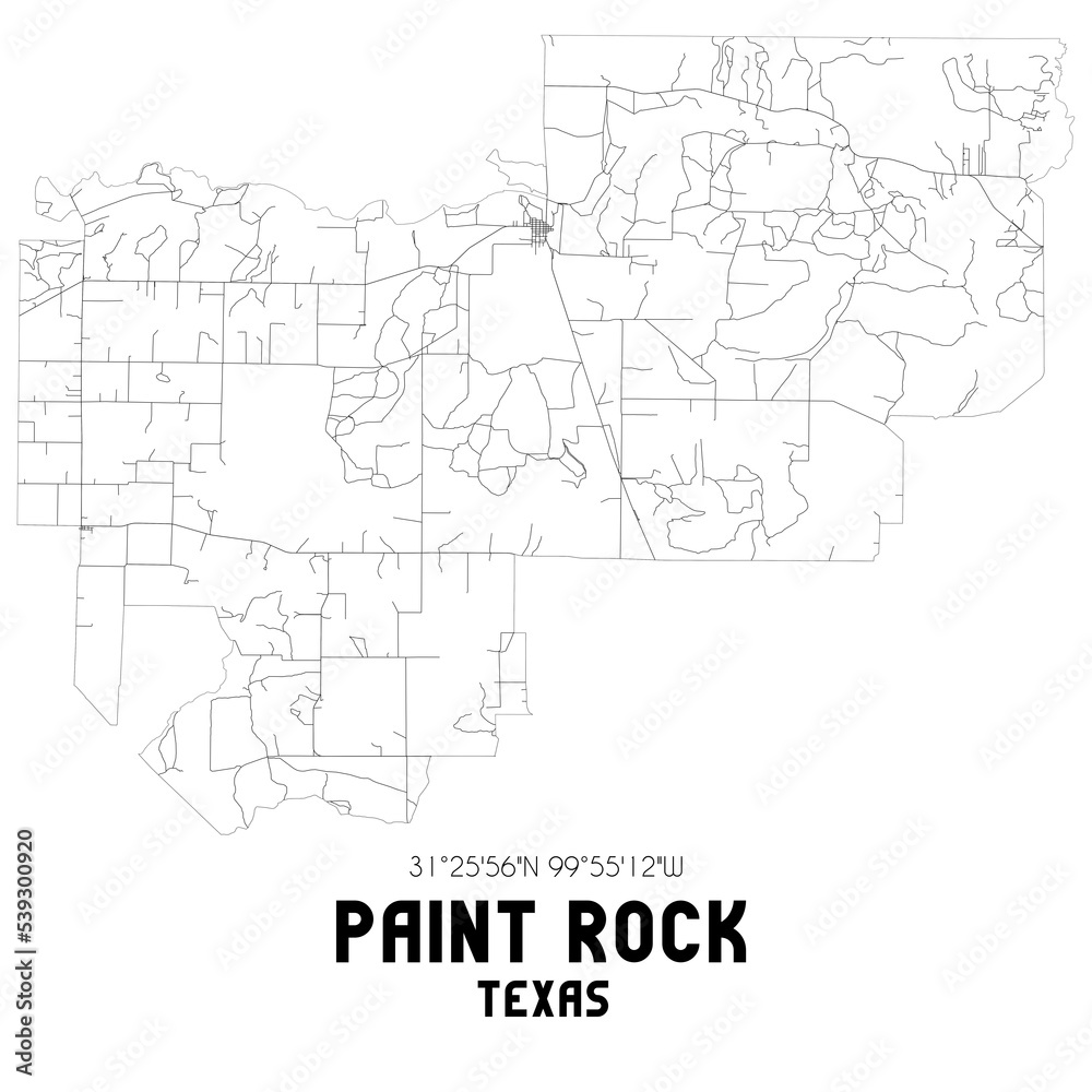 Paint Rock Texas. US street map with black and white lines.