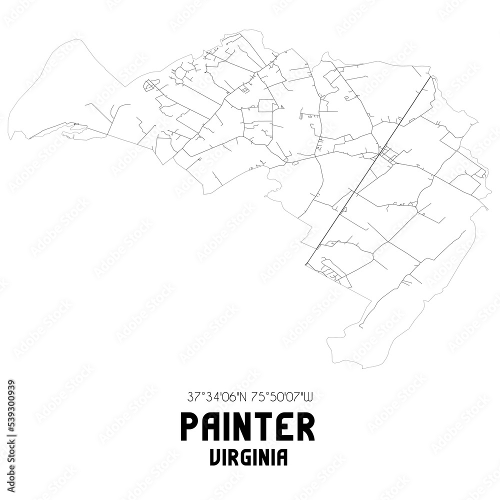 Painter Virginia. US street map with black and white lines.