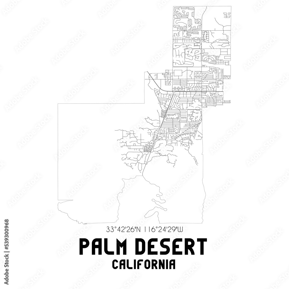 Palm Desert California. US street map with black and white lines.