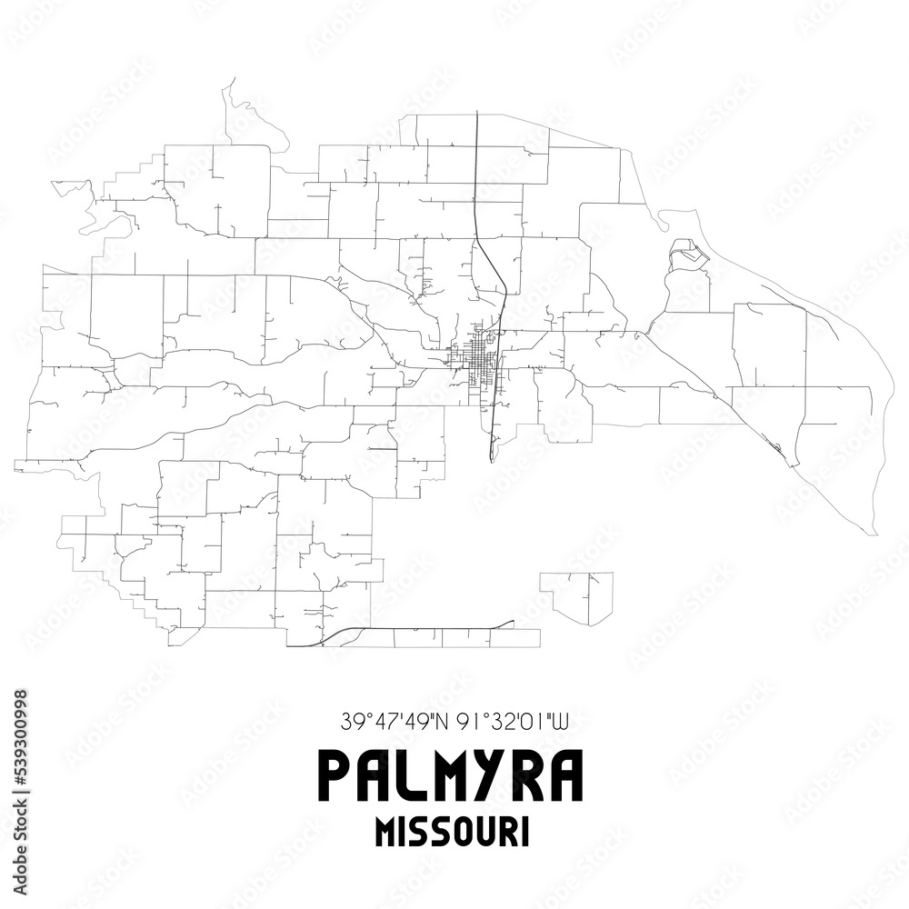 Palmyra Missouri. US street map with black and white lines.