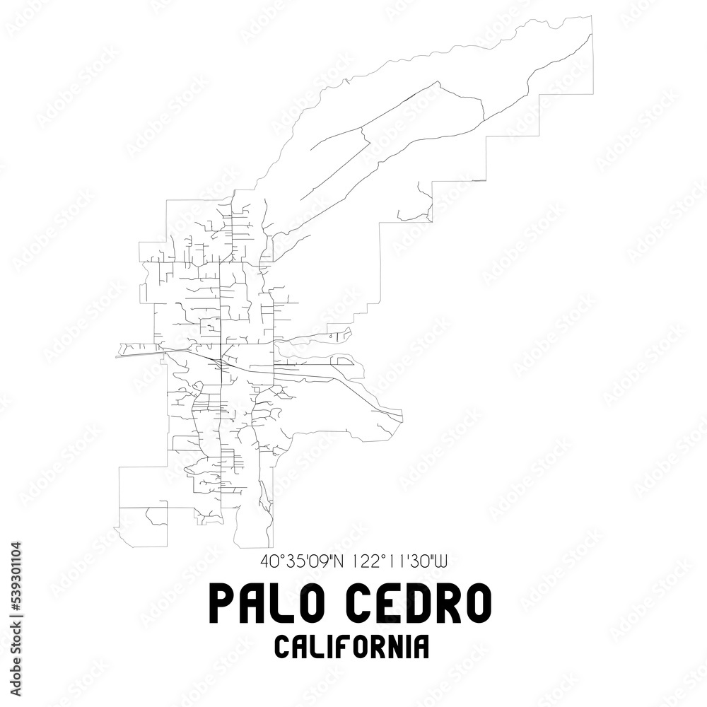 Palo Cedro California. US street map with black and white lines.