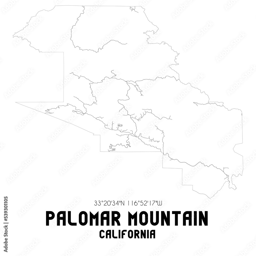 Palomar Mountain California. US street map with black and white lines.