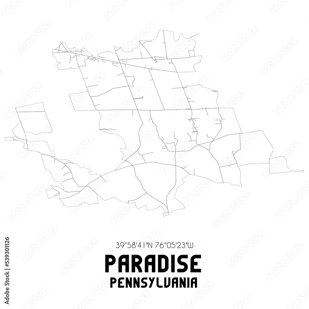 Paradise Pennsylvania. US street map with black and white lines.