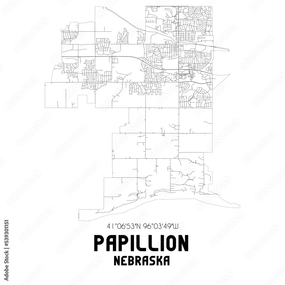 Papillion Nebraska. US street map with black and white lines.