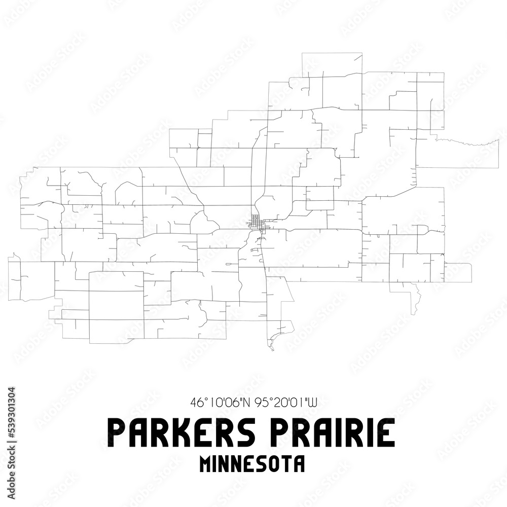 Parkers Prairie Minnesota. US street map with black and white lines.