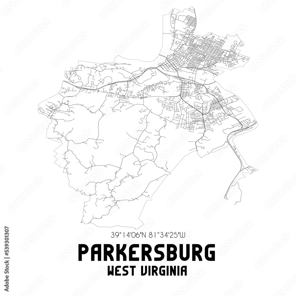 Parkersburg West Virginia. US street map with black and white lines.