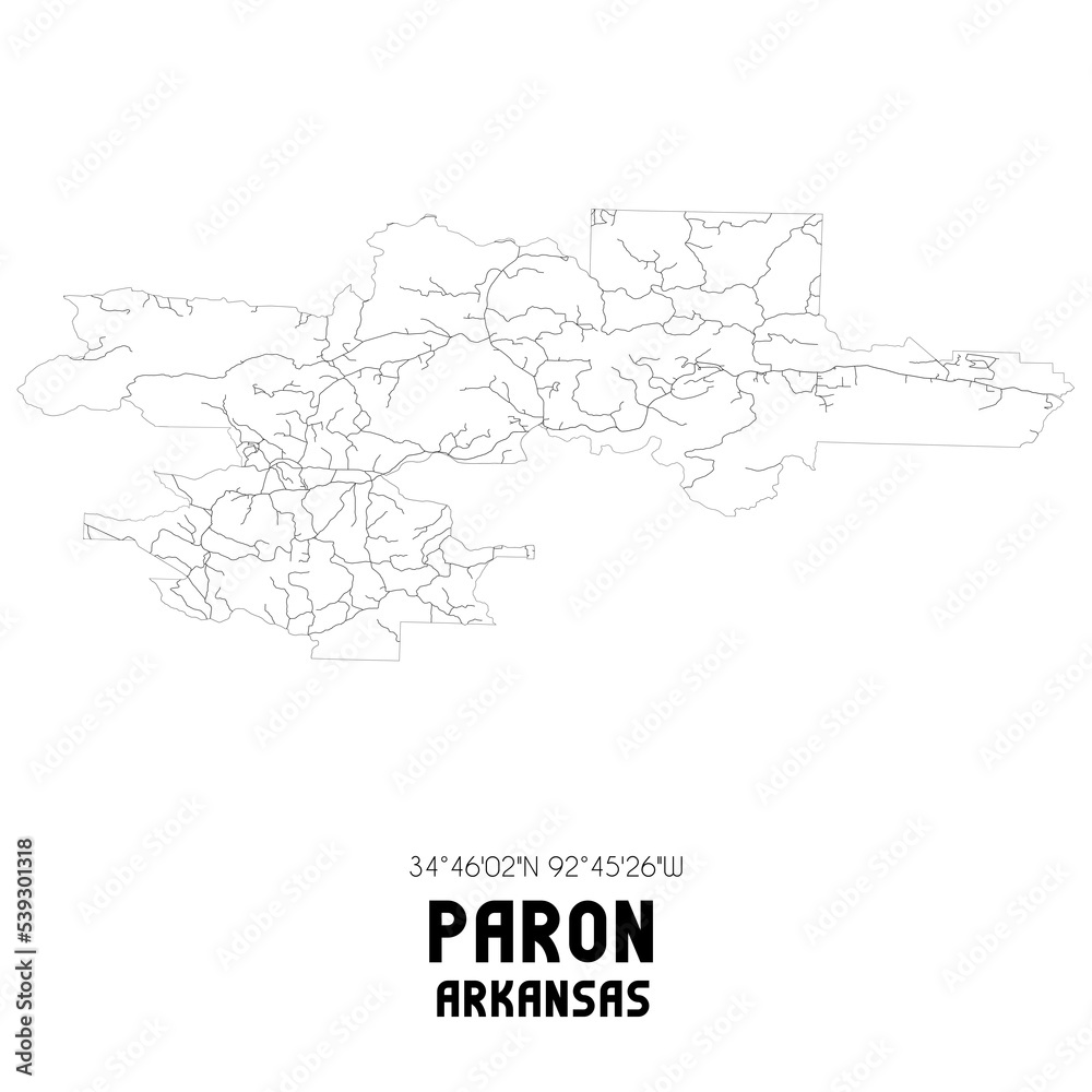 Paron Arkansas. US street map with black and white lines.