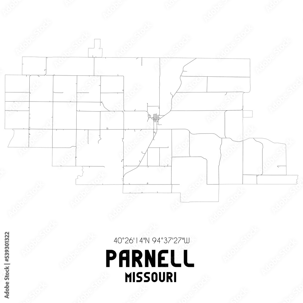 Parnell Missouri. US street map with black and white lines.