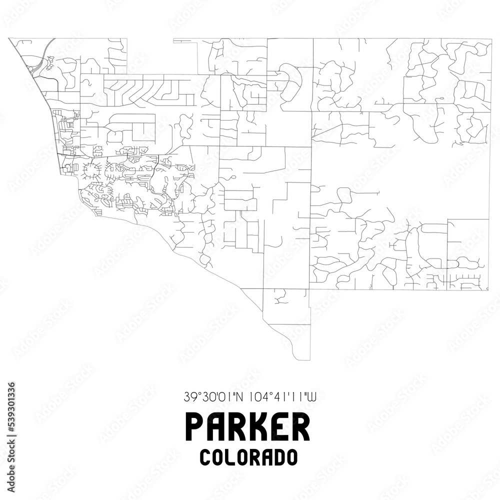Parker Colorado. US street map with black and white lines.