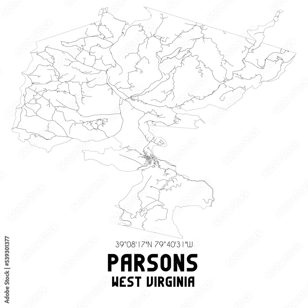 Parsons West Virginia. US street map with black and white lines.
