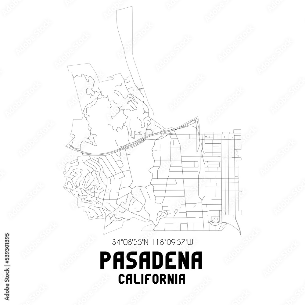 Pasadena California. US street map with black and white lines.