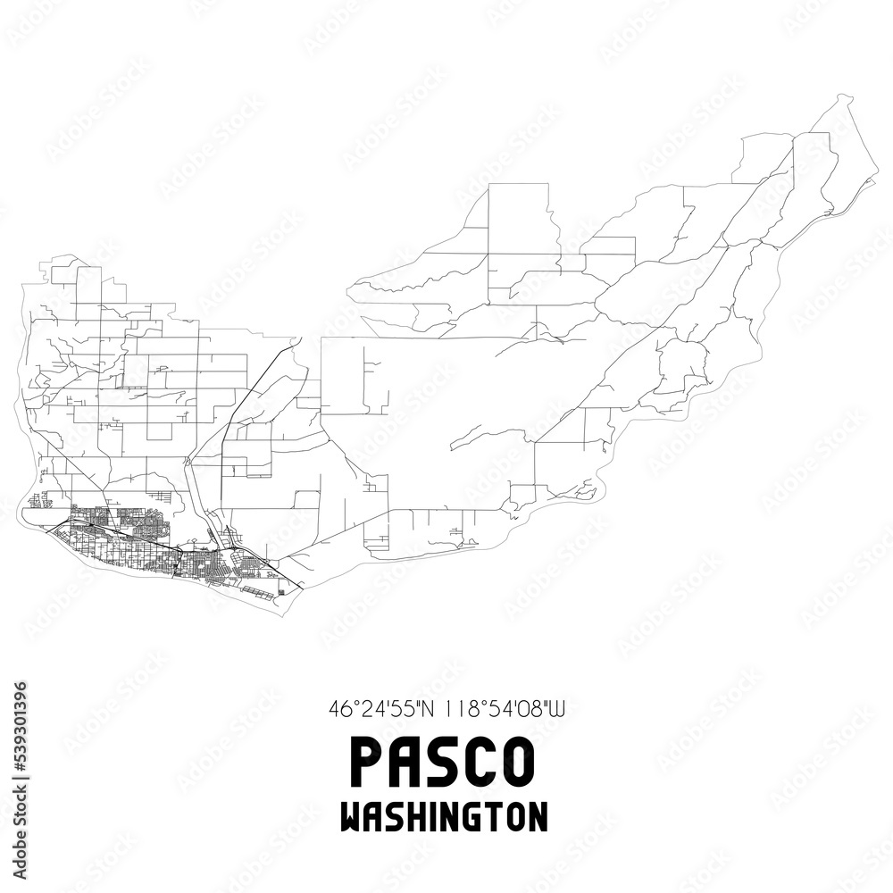 Pasco Washington. US street map with black and white lines.