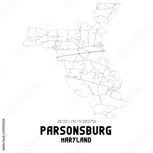 Parsonsburg Maryland. US street map with black and white lines.