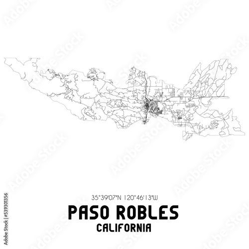 Paso Robles California. US street map with black and white lines.
