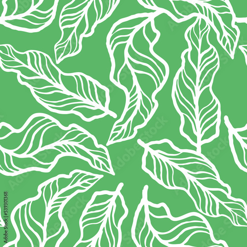 Fototapeta Naklejka Na Ścianę i Meble -  Nature seamless vector pattern with hand drawn twig, tree branch with leaves, tropical summer time. Ecological rural theme for poster print, wrapping paper, wallpaper, clothes textile, fabric design.
