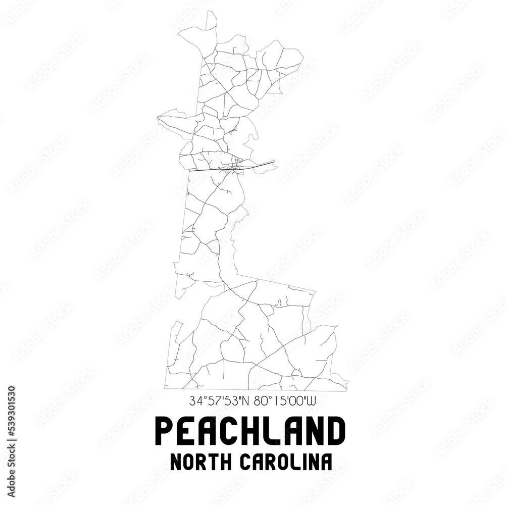 Peachland North Carolina. US street map with black and white lines.