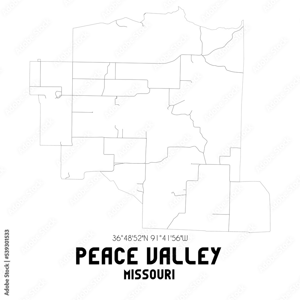 Peace Valley Missouri. US street map with black and white lines.