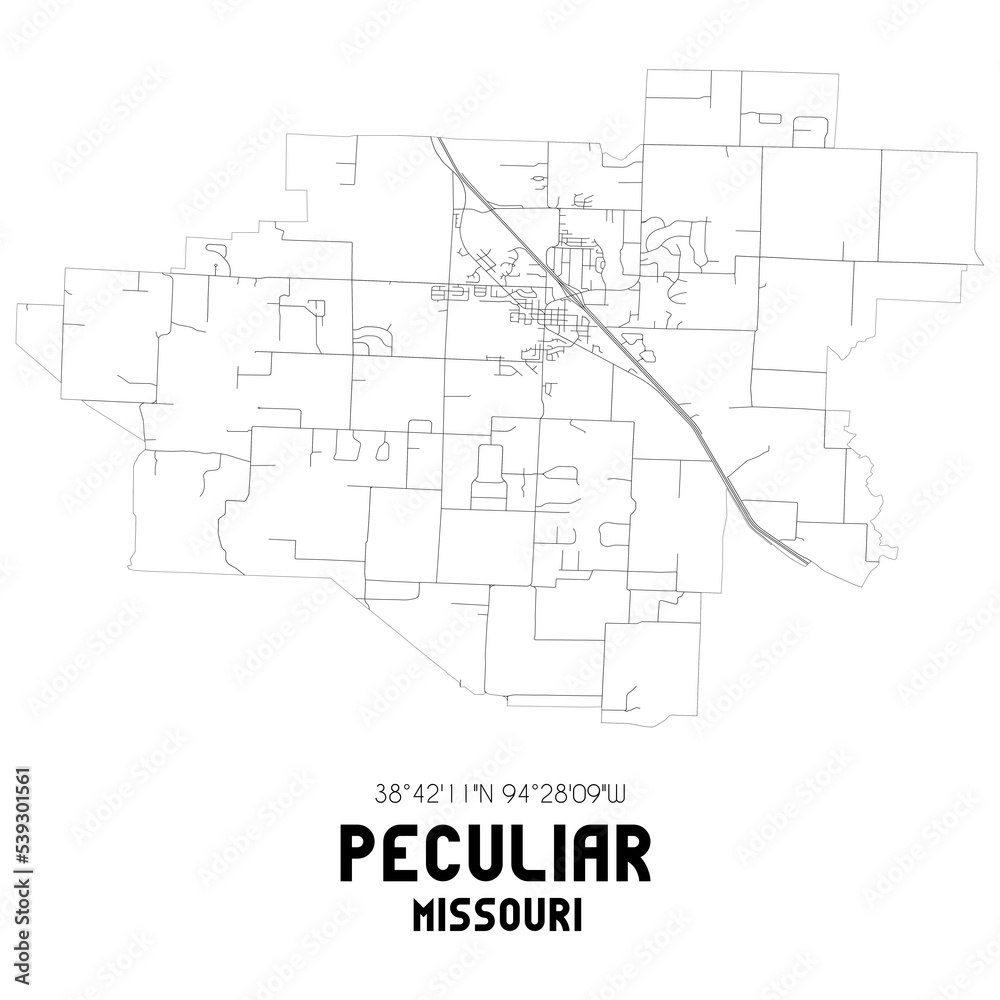 Peculiar Missouri. US street map with black and white lines.