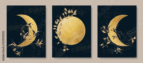 Luxury dark art background with moon phases, flowers and leaves in golden art line style. Vector minimalistic set in a watercolor style for decoration, wallpaper, print, interior design, packaging.