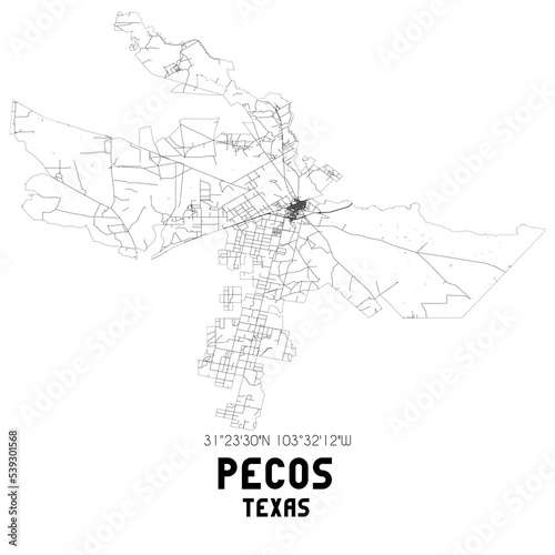 Pecos Texas. US street map with black and white lines.
