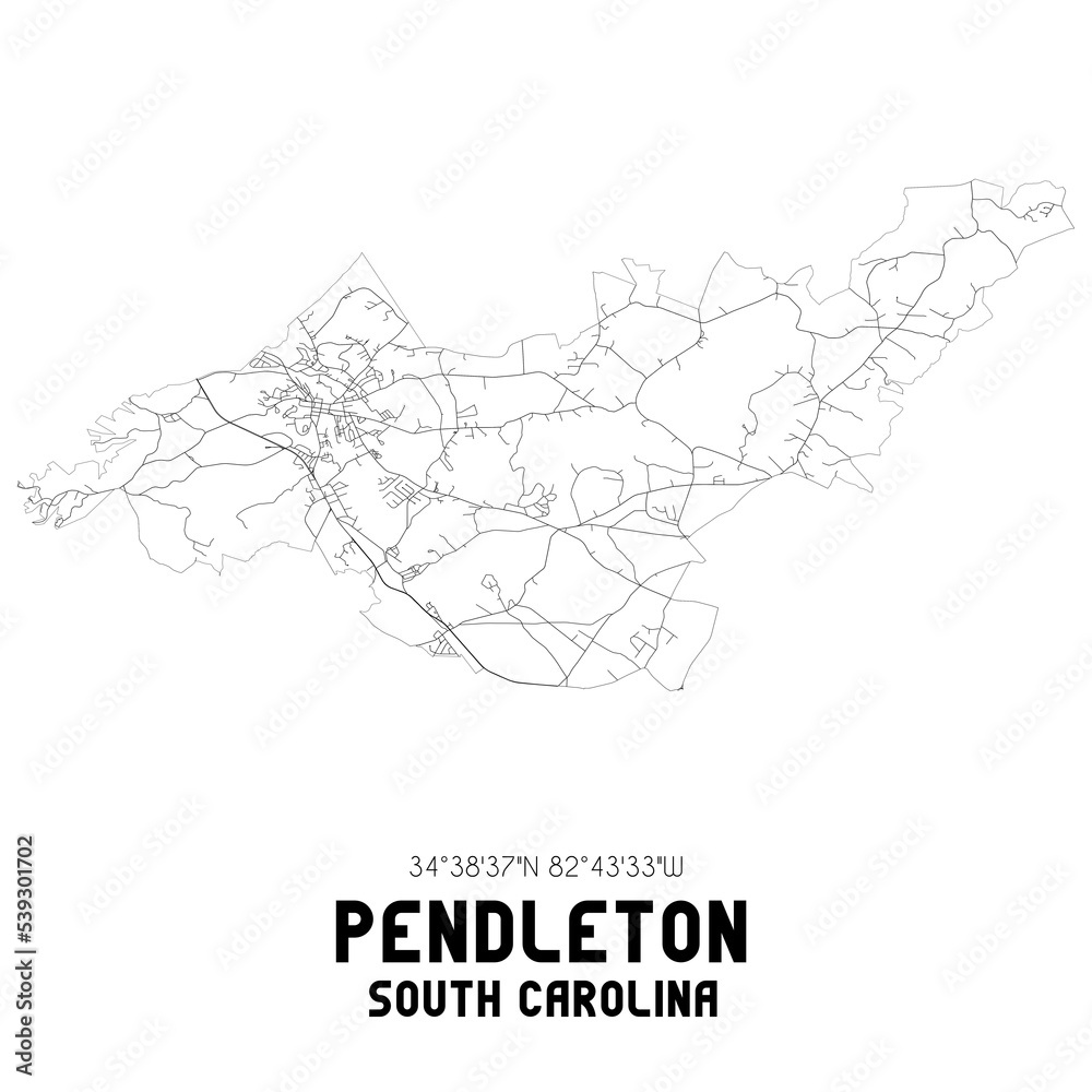 Pendleton South Carolina. US street map with black and white lines.