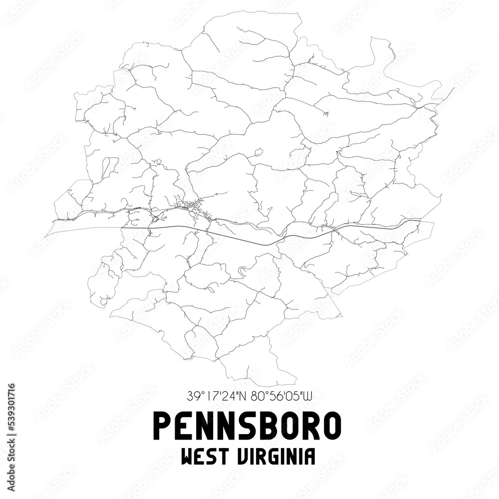 Pennsboro West Virginia. US street map with black and white lines.
