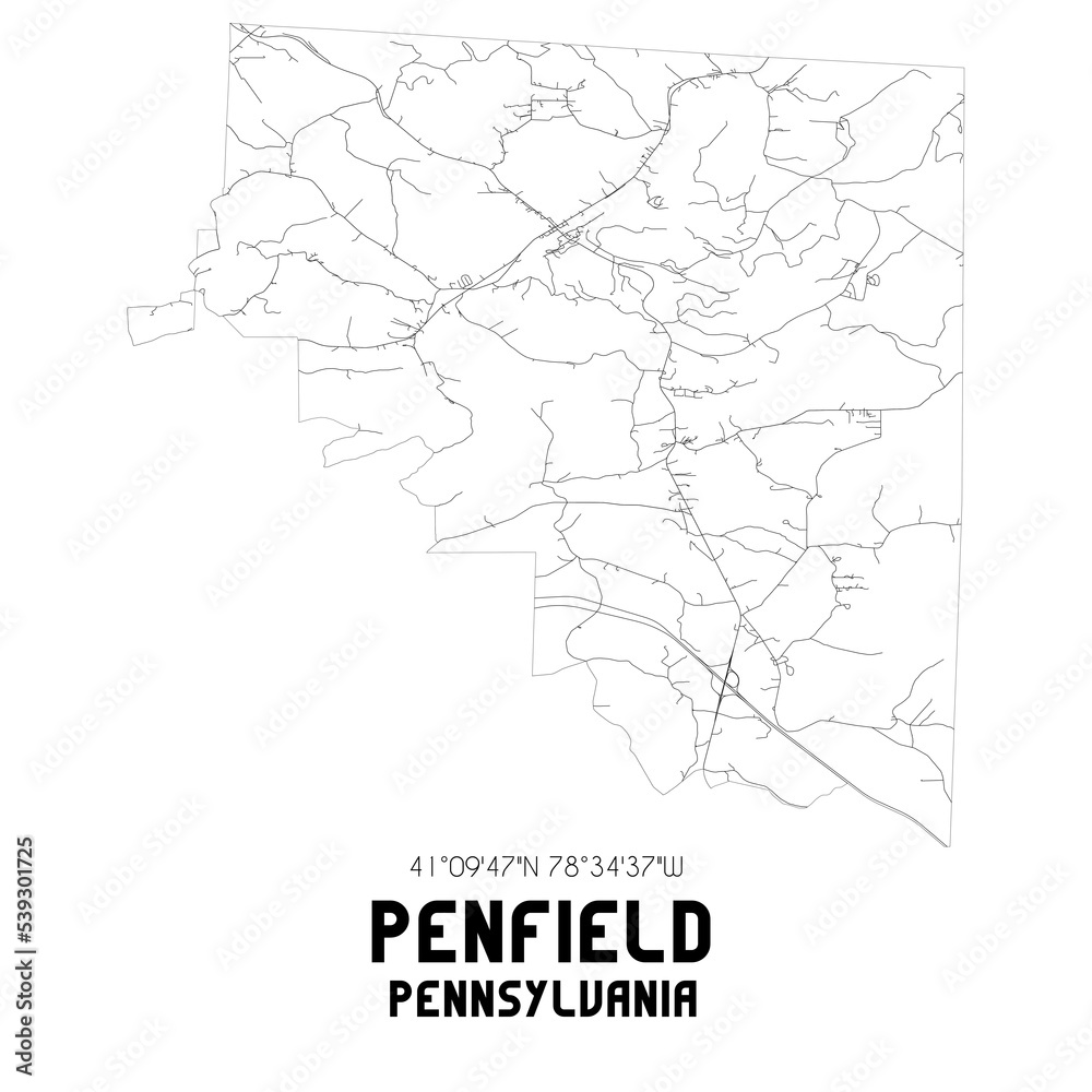 Penfield Pennsylvania. US street map with black and white lines.