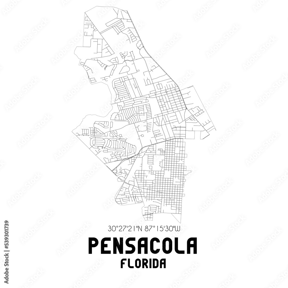 Pensacola Florida. US street map with black and white lines.