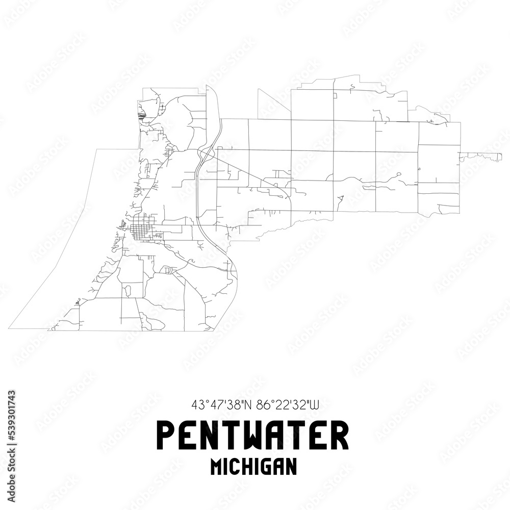Pentwater Michigan. US street map with black and white lines. Stock