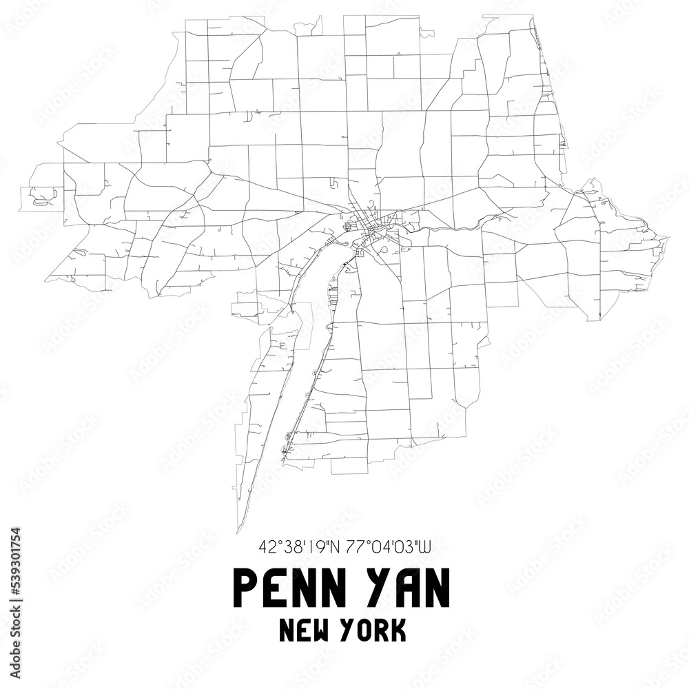 Penn Yan New York. US street map with black and white lines. Stock