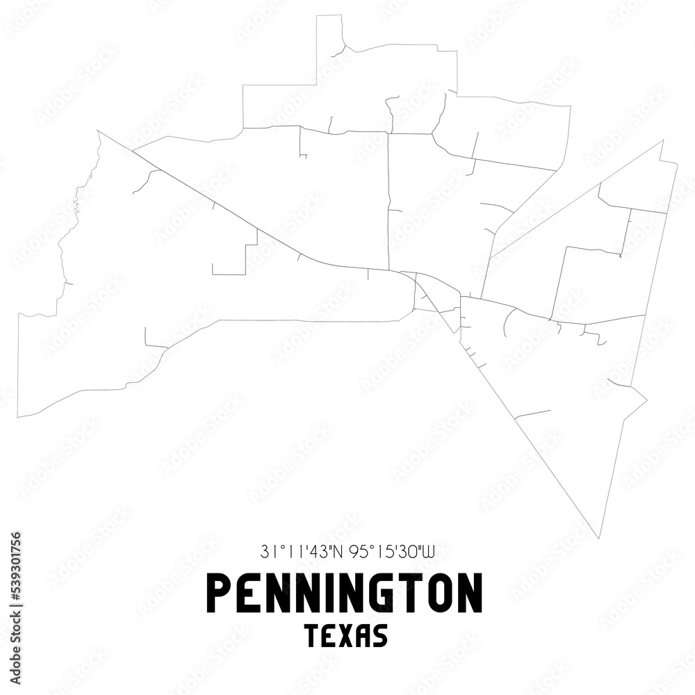 Pennington Texas. US street map with black and white lines.