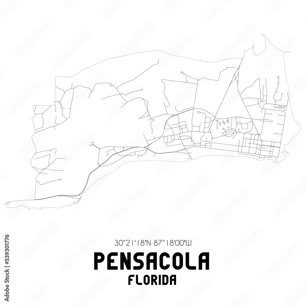 Pensacola Florida. US street map with black and white lines.