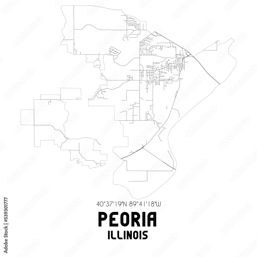 Peoria Illinois. US street map with black and white lines.