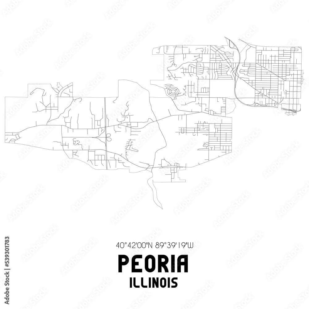 Peoria Illinois. US street map with black and white lines.